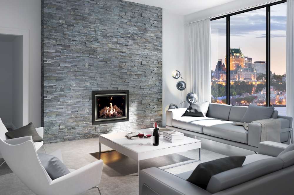Foyer au gaz Intrigue 42 par Ambiance avec mur de pierres moderne. Comment fonctionne un foyer au gaz?