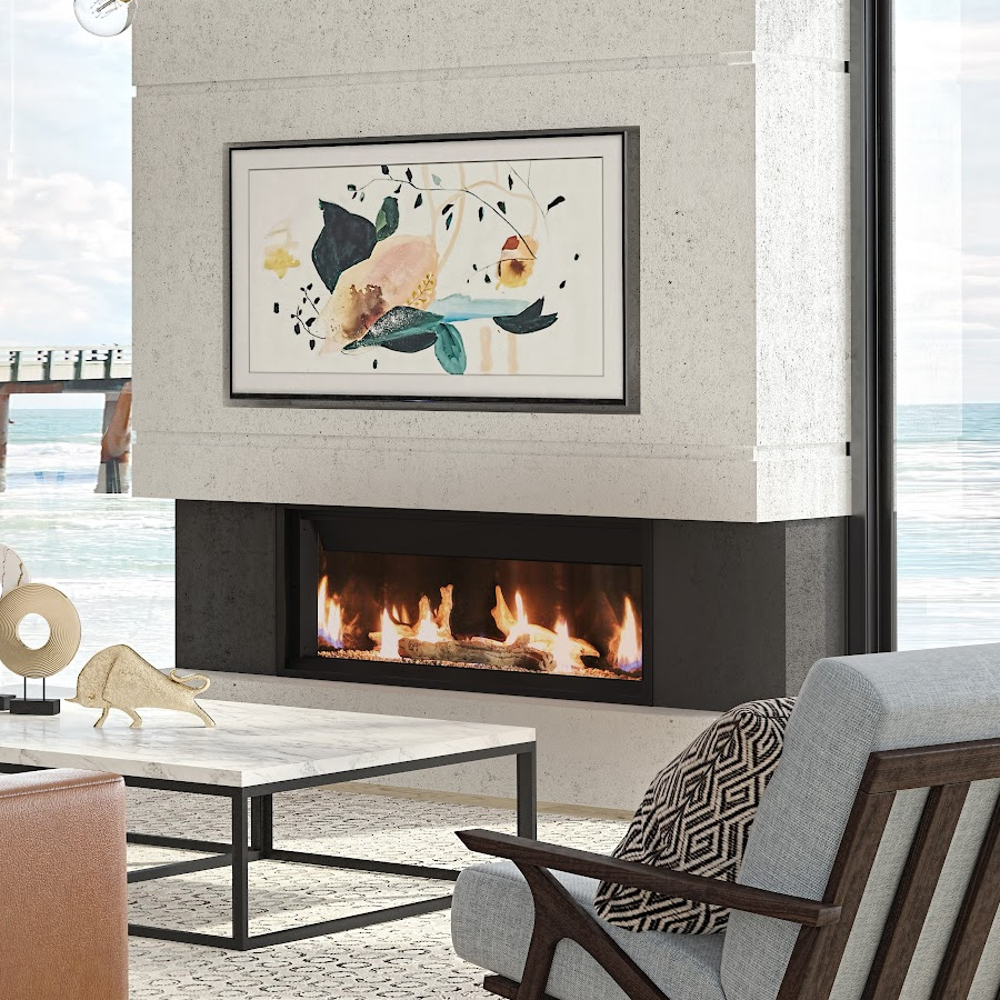 Foyer au gaz Ambiance Illusion 47 avec avec télévision cadre au dessus du foyer
