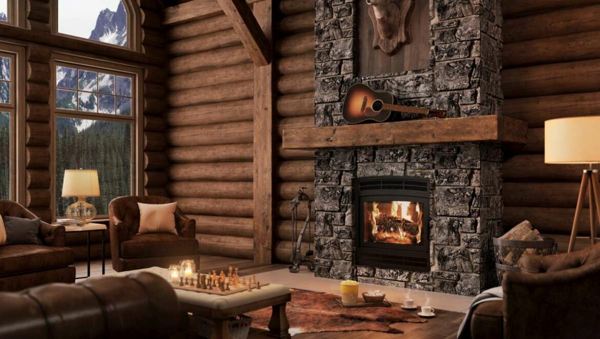 Foyer zéro dégagement au bois Élégance 42 Arqué avec louvres Ambiance dans un chalet de bois rustique.