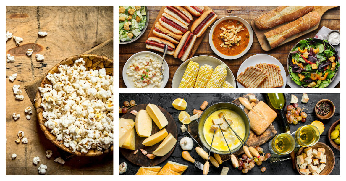 Recettes hygge réconfortantes pour la saison froide - partager de la nourriture en famille, pop corn, potluck, fondue